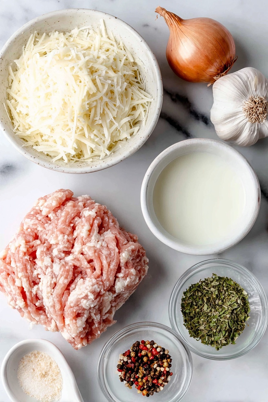 Flat lay of a mound of fresh ground turkey, a small white ceramic bowl of pale golden breadcrumbs, a small white ceramic bowl filled with creamy milk, a small shallot with its fresh papery skin intact, two uncracked brown garlic bulbs (each showing at least one clove), a small white ceramic bowl of finely grated pale yellow parmesan cheese, a small white ceramic bowl with bright green dried oregano leaves, a small white ceramic bowl with light beige onion powder, a small white ceramic bowl of coarse kosher salt crystals, a small white ceramic bowl with a mix of black and red pepper flakes, and a small white ceramic bowl of clear golden olive oil, all arranged symmetrically and balanced, placed on a clean white marble surface, soft natural light, photo taken with an iPhone, professional food photography style, fresh ingredients, white ceramic bowls, no bottles, no duplicates, no utensils, no packaging --ar 2:3 --v 7 --p m7354615311229779997