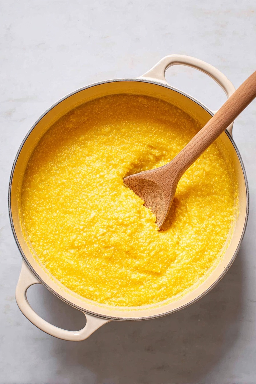 A close-up view of a single round white pot filled with bright yellow creamy polenta. The polenta has a smooth but slightly grainy texture and fills most of the pot's inner space. Resting inside the pot is a wooden spoon with a light brown color, partially submerged and slightly stirring the polenta. The pot sits on a white marbled surface, and soft light creates gentle shadows around the pot's handles on each side. photo taken with an iphone --ar 2:3 --v 7