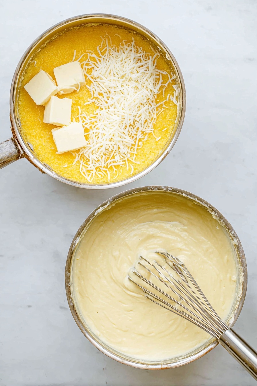 The dish shows a round, shallow white plate filled with a thick layer of bright yellow creamy polenta that covers the whole plate bottom. On top, there is a generous layer of sautéed brown mushroom slices mixed with dark green wilted spinach leaves spread evenly. Scattered on the mushrooms and spinach are thin, uneven white shavings of cheese. A silver fork with a wooden handle rests on the right edge of the plate with some polenta and mushrooms on its tines. The plate is set on a white marbled surface with part of a blue cloth partially visible near the bottom right corner. Photo taken with an iphone --ar 2:3 --v 7