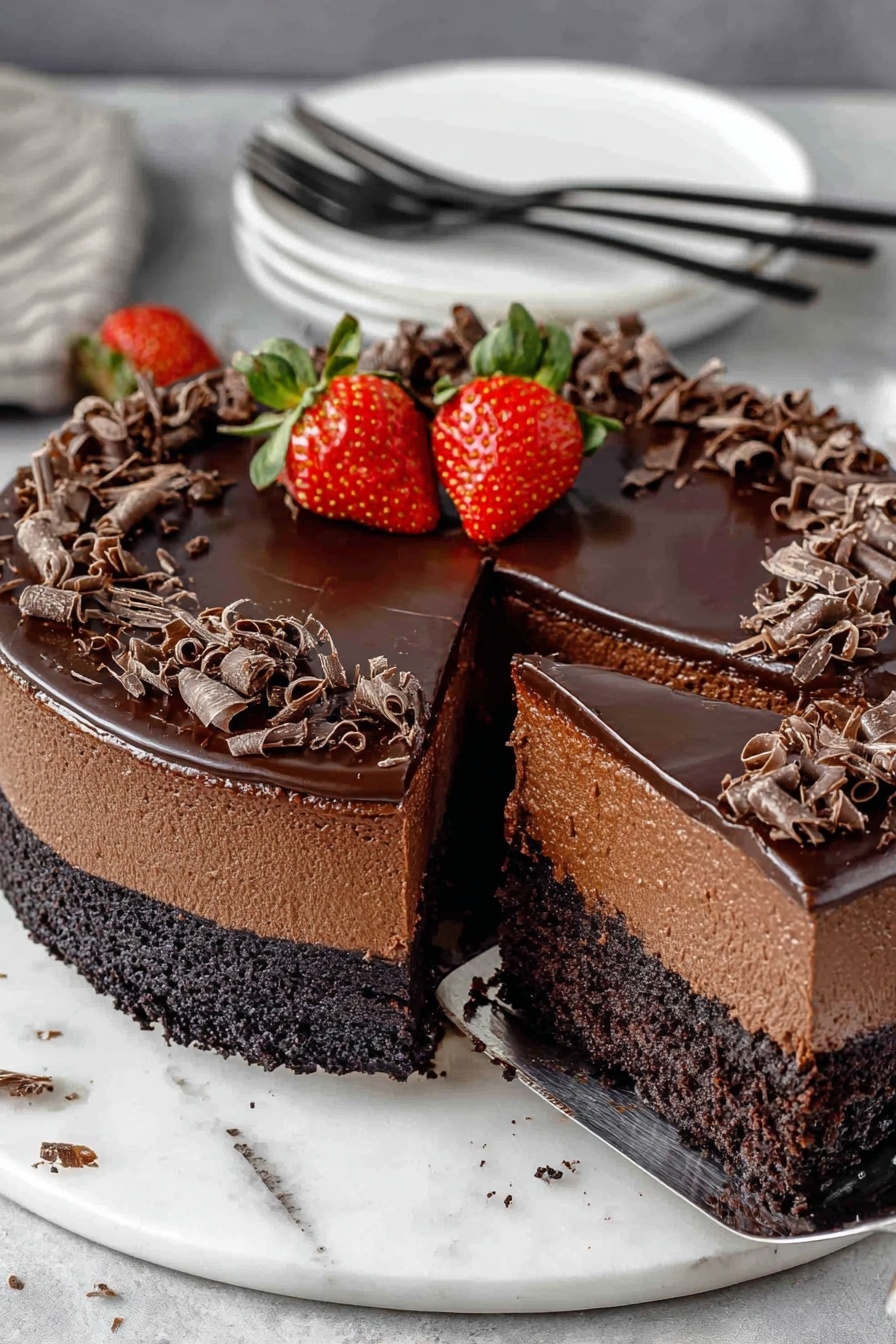 This image shows a rich chocolate cake with three layers on a white marbled surface. The bottom layer is a dark, crumbly chocolate crust, topped with a thick, smooth middle layer of dense chocolate filling. The top layer is a shiny, dark chocolate ganache spread evenly, decorated with broken chocolate curls around the edge. Two fresh red strawberries with green leaves sit in the center of the cake. A slice of the cake is being lifted by a spatula, showing the moist texture inside. In the background, there are two stacked white plates with black forks on top. Photo taken with an iphone --ar 2:3 --v 7