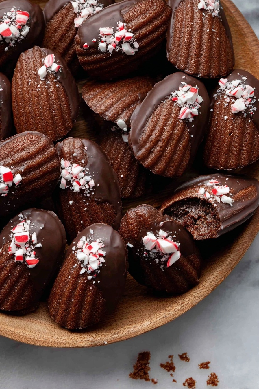 A wooden platter holds about fifteen dark brown madeleine cakes arranged close together, each cake having a shell-like ridged texture. The top half of every cake is dipped in a smooth, shiny dark chocolate coating that covers the rounded top edges. On top of the chocolate layer, small pieces of crushed peppermint candy in white and red colors are scattered. One madeleine near the top right has a bite taken from it, revealing the soft, moist cake inside. The platter is set on a white marbled surface with a few cake crumbs scattered around. photo taken with an iphone --ar 2:3 --v 7