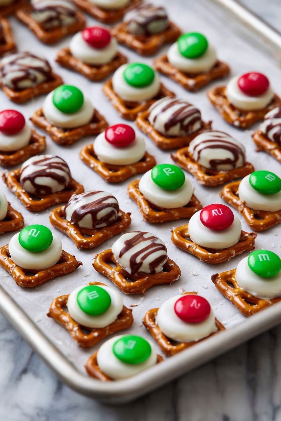The image shows a grid of small treats arranged neatly on a white marbled surface. Each treat has three layers: the bottom is a square, light brown pretzel with a slightly rough texture, followed by a melted white chocolate layer that fills the pretzel shape and is decorated with thin, diagonal milk chocolate stripes. On top of the white chocolate, a single red or green candy is placed in the center, alternating colors evenly across the grid. The candies are shiny and round, standing out against the smooth, creamy white chocolate base photo taken with an iphone --ar 2:3 --v 7