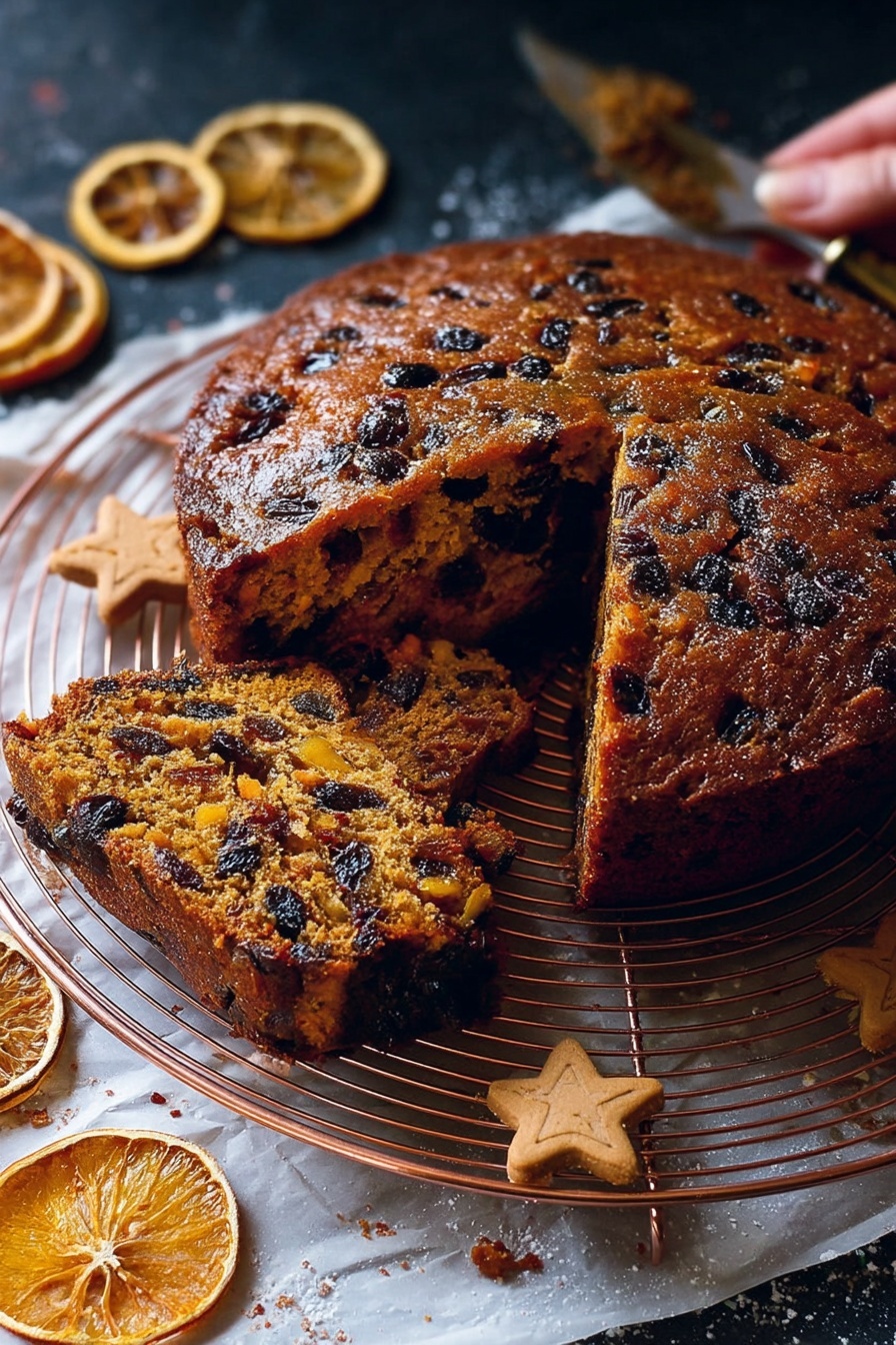 A round fruit cake with a rich brown color rests on a white plate lined with crinkled white parchment paper. The cake’s top is textured with evenly distributed dark spots, showing bits of fruit baked inside. Around the plate, on the white marbled surface, there are a few small cake crumbs and wooden star-shaped decorations scattered near a small dark golden spoon. To the right, there is a neat pile of dried orange slices, their bright orange color contrasting with the darker tones of the cake and surroundings. The photo is taken with an iphone --ar 2:3 --v 7