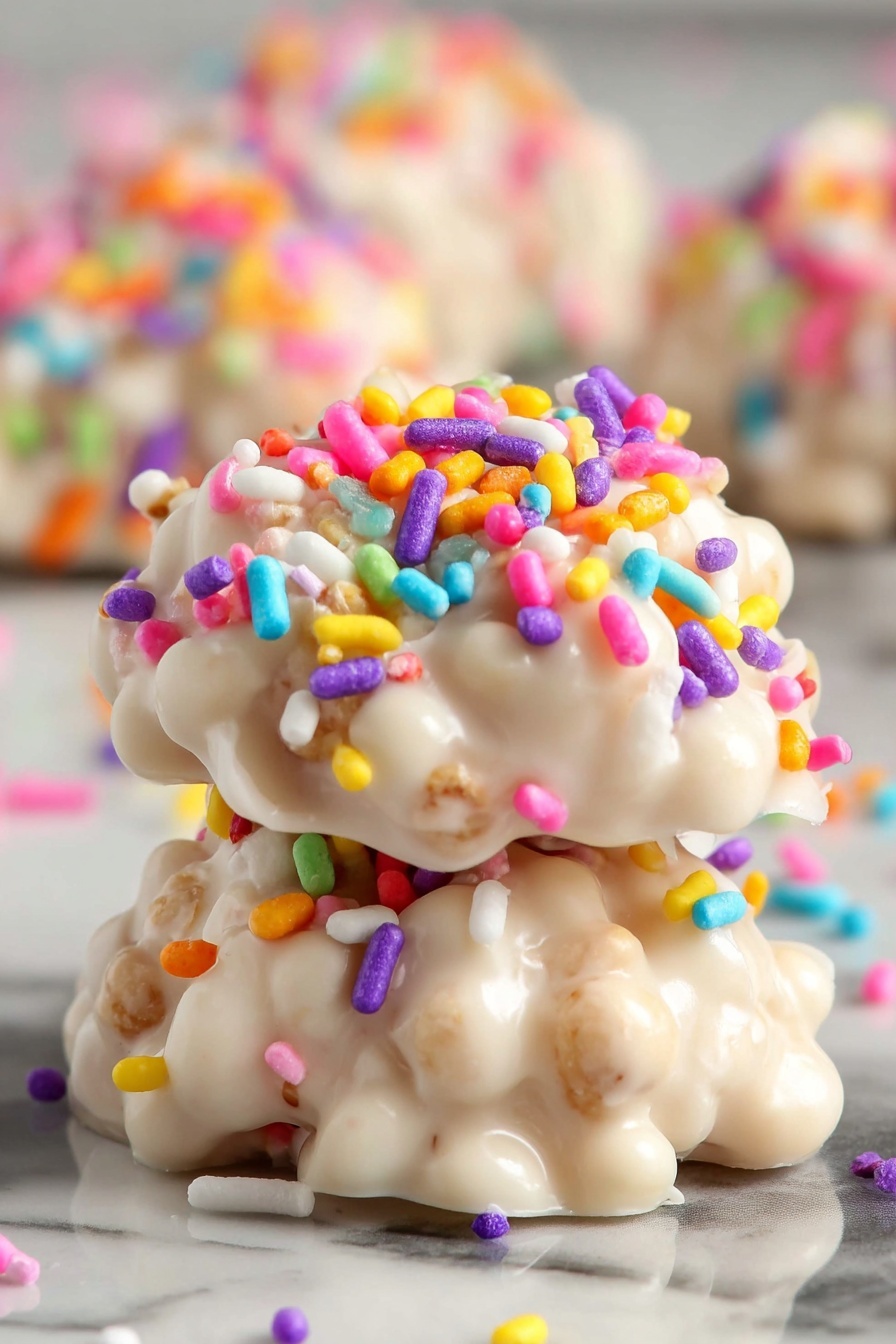 A close-up of a small, mound-shaped treat made of white chocolate coating around clustered round nuts or candies, topped with colorful cylindrical sprinkles in pink, red, yellow, purple, blue, green, and white. The texture is bumpy and glossy, showing the irregular shapes underneath the smooth white chocolate layer, sitting on a white marbled surface scattered with a few sprinkles. Photo taken with an iphone --ar 2:3 --v 7
