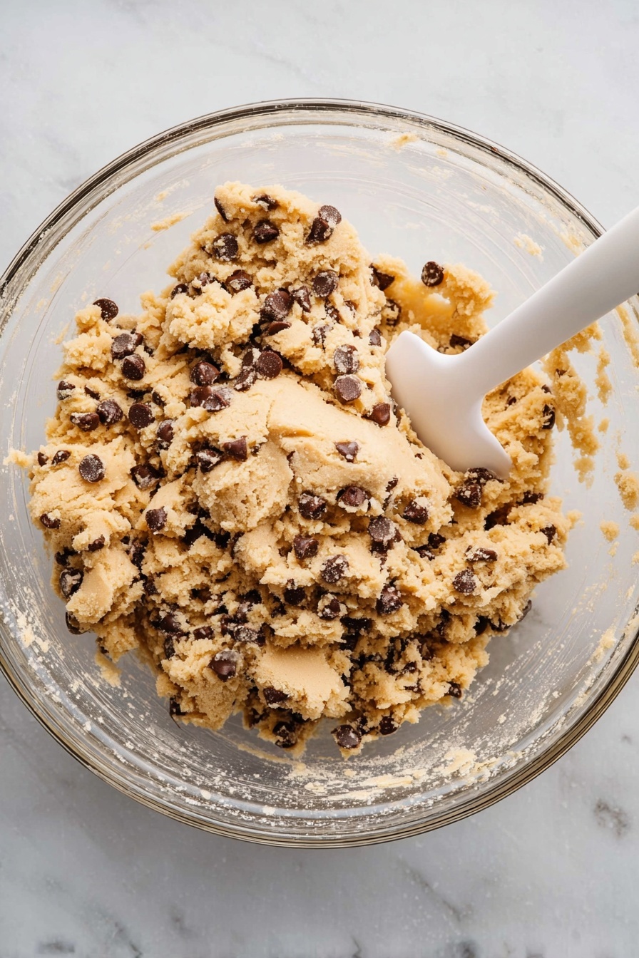 The image shows a small clear glass jar filled with light brown cookie dough that has small dark chocolate chips mixed throughout. On top of the jar, there is a large scoop of the same cookie dough with chocolate chips visible on the surface. A silver spoon is stuck into the jar through the cookie dough scoop. Around the jar, scattered chocolate chips sit on a white marbled surface. In the background, a clear glass of milk and a dark bowl with more cookie dough can be seen, all set against a plain light gray backdrop. photo taken with an iphone --ar 2:3 --v 7