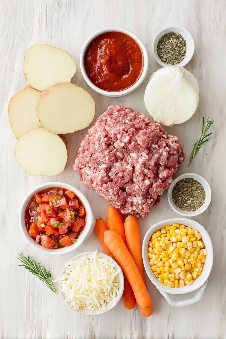 Flat lay of a few cloves of fresh garlic, a medium yellow onion peeled and diced, two pounds of fresh raw ground beef formed into a loose mound, thick slices of golden Yukon gold potatoes arranged neatly, three whole peeled carrots sliced into rounds, a small white ceramic bowl of bright red tomato paste, a small white ceramic bowl of vibrant diced tomatoes with juices, a small white ceramic bowl of plump black-eyed peas, a small white ceramic bowl of fresh yellow corn kernels, a small white ceramic bowl of mixed Italian seasoning herbs, a small white ceramic bowl of smoked paprika powder, a small white ceramic bowl of chili powder, a drizzle of glossy olive oil in a small white ceramic bowl, and a small mound of shredded yellow cheese all placed on a clean white marble surface, soft natural light, photo taken with an iPhone, professional food photography style, fresh ingredients, white ceramic bowls, no bottles, no duplicates, no utensils, no packaging --ar 2:3 --v 7 --p m7354615311229779997