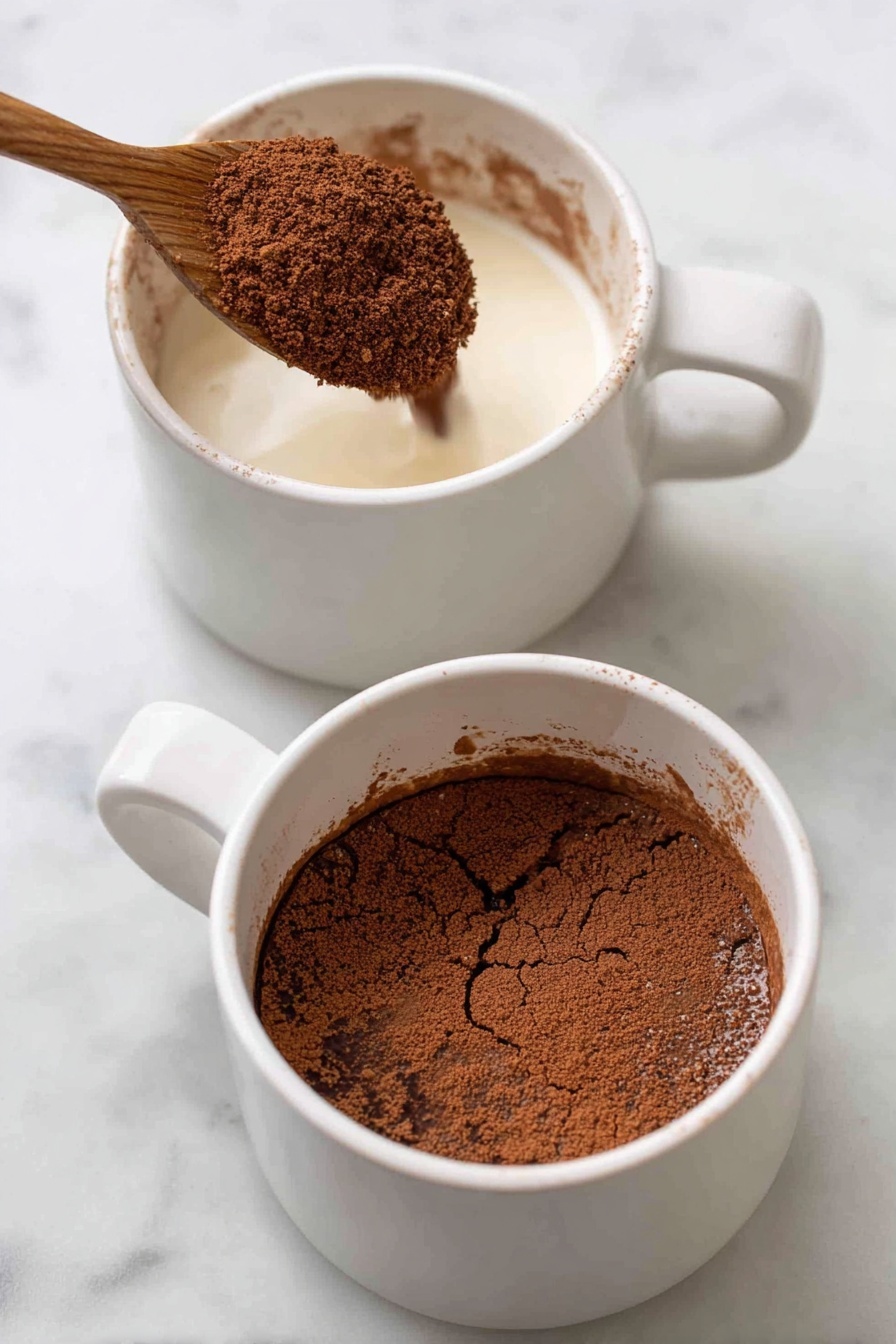 The image shows a white round ramekin filled with a dark, crumbly chocolate dessert with soft melted chocolate patches scattered on top. A silver spoon lifts a portion of the dessert from the center, showing thick, moist, and rich texture with chunks of glossy, melted chocolate embedded within the crumbly dark chocolate base. The dish is set on a white marbled surface. photo taken with an iphone --ar 2:3 --v 7