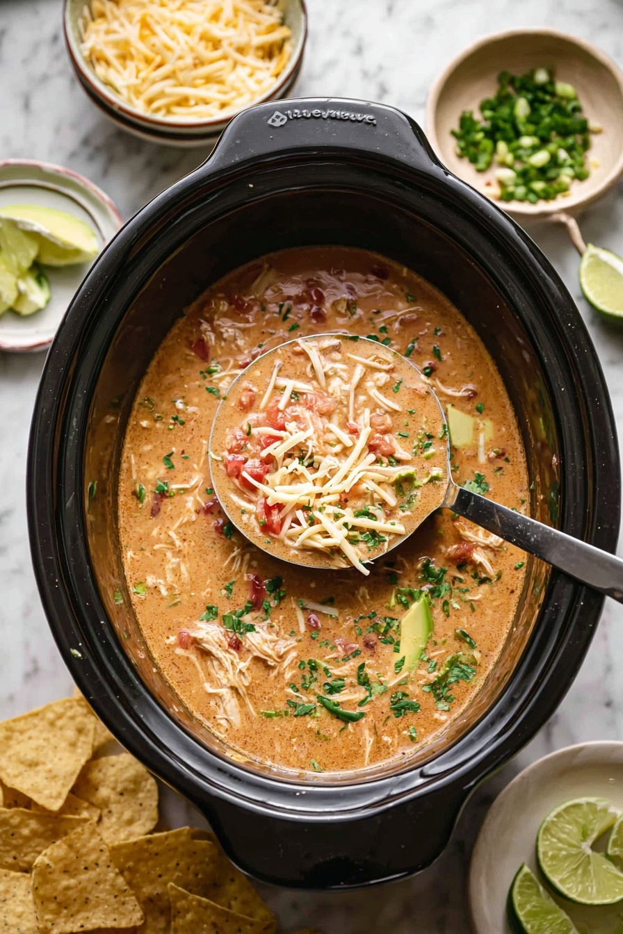 A black slow cooker filled with a thick light brown soup mixed with small pieces of shredded white chicken and red tomato bits, topped with shredded white cheese, chopped green herbs, slices of light green avocado, and crushed light yellow tortilla chips. A ladle filled with the same soup is resting inside the cooker, showing a close-up of the textured soup with herbs and chicken. Surrounding the cooker on a white marbled surface are scattered light yellow tortilla chips, a small white plate with chopped green onions, a beige bowl with shredded white cheese, and lime wedges on a white plate. Photo taken with an iphone --ar 2:3 --v 7