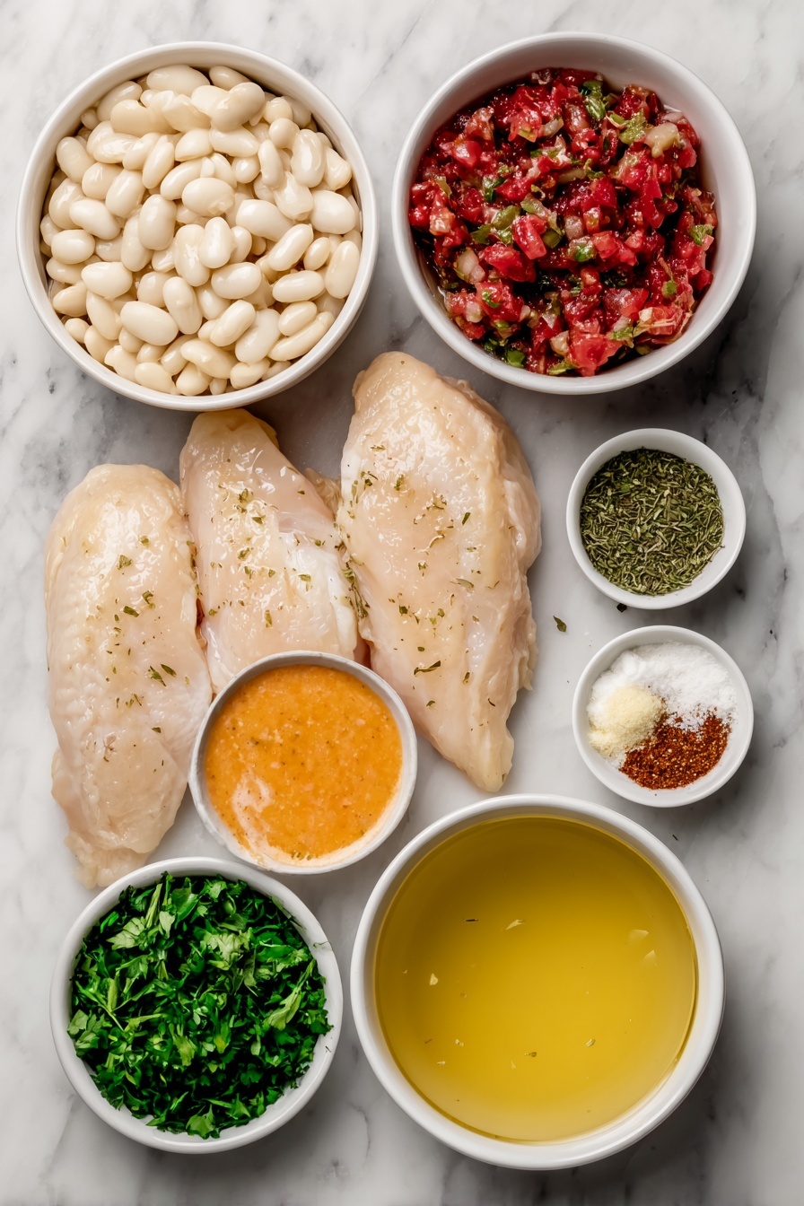 Flat lay of fresh whole chicken breasts, two small white ceramic bowls each filled with drained white beans, a small white ceramic bowl with fire-roasted diced tomatoes, a larger white ceramic bowl holding golden chicken stock, a small white ceramic bowl of vibrant orange buffalo hot sauce, a small white ceramic bowl containing dried green chives, another small white ceramic bowl with light beige garlic powder, small white ceramic bowls each with dried dill, onion powder, paprika, kosher salt, and chili powder, a small white ceramic bowl with creamy white cream cheese, and a small pile of fresh chopped green cilantro leaves, all arranged in perfect symmetry on a clean white marble surface, soft natural light, photo taken with an iPhone, professional food photography style, fresh ingredients, white ceramic bowls, no bottles, no duplicates, no utensils, no packaging --ar 2:3 --v 7 --p m7354615311229779997