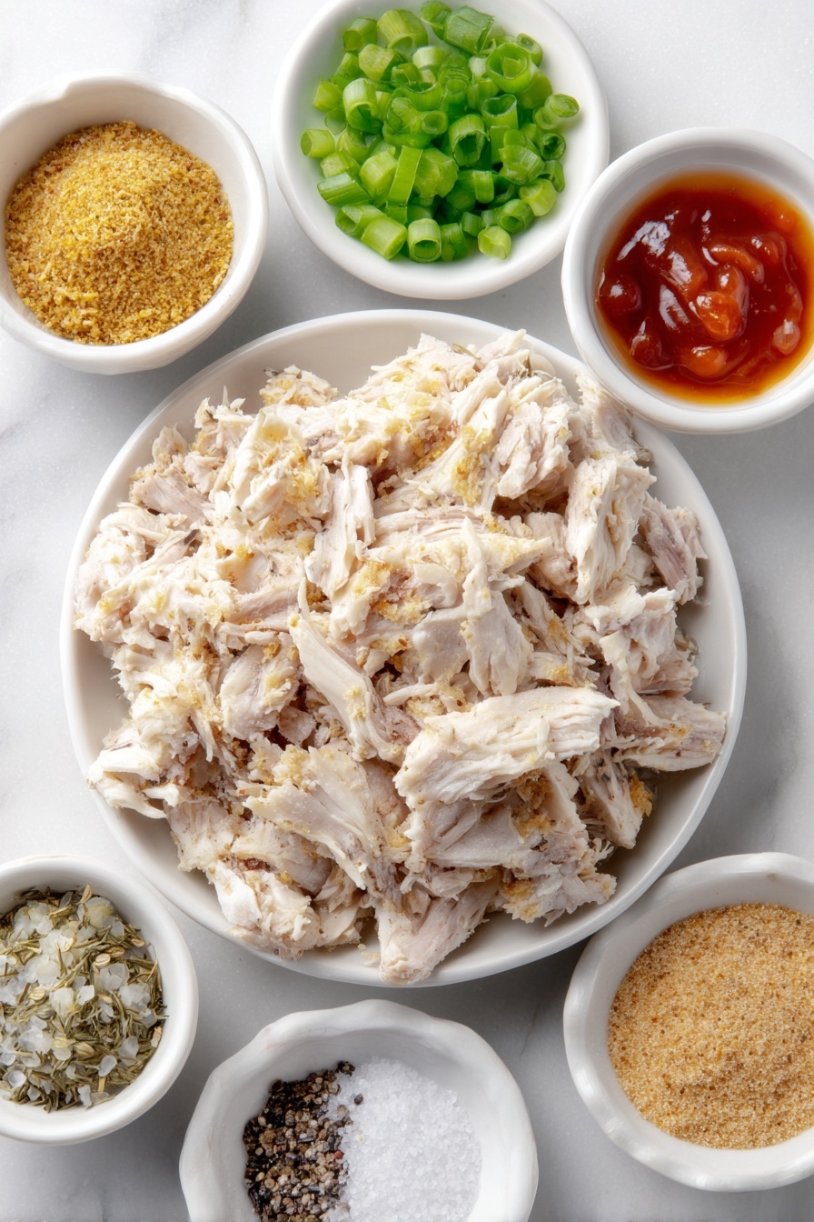 Flat lay of shredded cooked chicken piled neatly, a small white bowl of paleo mayonnaise, a small white bowl filled with bright red hot sauce, a modest bunch of fresh green onions sliced, a small white bowl of golden nutritional yeast flakes, a small white bowl containing pale beige onion powder, a small white bowl with light tan garlic powder, a small white bowl of dried dill herb, a small white bowl of coarse sea salt, a small white bowl of ground black pepper, a small white bowl of tiny celery seeds, all arranged symmetrically on a clean white marble surface, soft natural light, photo taken with an iPhone, professional food photography style, fresh ingredients, white ceramic bowls, no bottles, no duplicates, no utensils, no packaging --ar 2:3 --v 7 --p m7354615311229779997