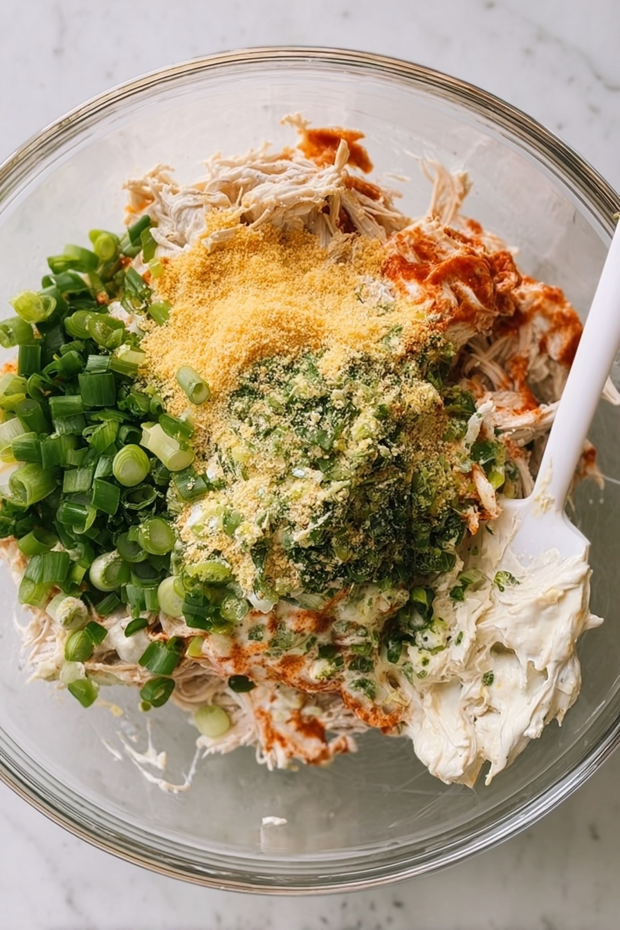 A close-up view of a white round bowl filled with a creamy orange dip that has melted cheese on top. The dip has a mix of textures including some green herbs sprinkled throughout. A woman's hand is holding a chip covered with the dip, lifting it out of the bowl. The chip is light beige with black specks and is thickly coated in the cheesy dip. The background shows a blurred white marbled surface. photo taken with an iphone --ar 2:3 --v 7