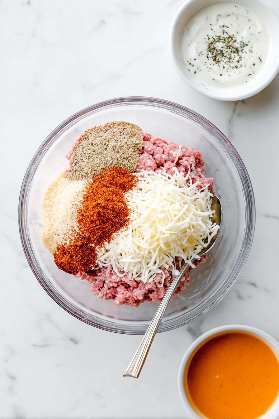A white plate holds about three layers of small round orange balls coated in a bright sauce, each topped with uneven white drizzles and small green onion pieces scattered throughout and on top, creating a mix of bright orange, white, and green colors. The plate rests on a white marbled surface, with some green onion pieces scattered nearby. A woman's hand with a fork is seen in the lower left corner, reaching toward the plate. Next to the plate, a small white bowl filled with white sauce sits at the top right. A white cloth with thin blue stripes is placed beneath the plate and nearby on the surface. photo taken with an iphone --ar 2:3 --v 7