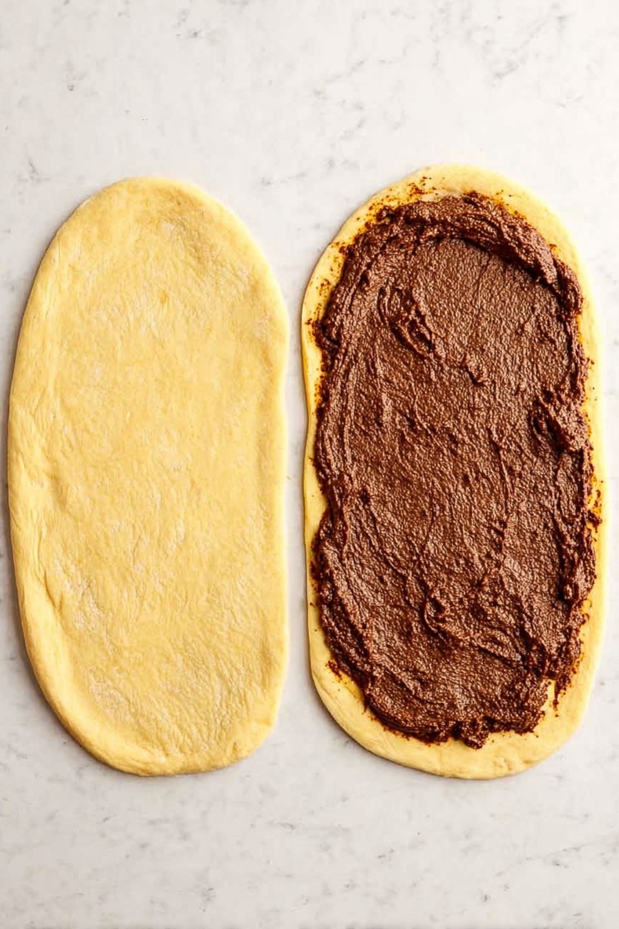The image shows a cinnamon roll with three visible layers: a golden-brown base layer with a soft and fluffy texture, a middle swirled layer of dark brown cinnamon filling, and a top thick layer of creamy beige frosting with specks of cinnamon throughout. The cinnamon roll sits on a decorative white plate with carved edges on a white marbled surface. Around the plate are scattered dark brown coffee beans. In the background, there is a white cup of coffee on its matching saucer, and a black and gold fork and knife lay to the right of the plate, with a striped cloth nearby. Photo taken with an iphone --ar 2:3 --v 7