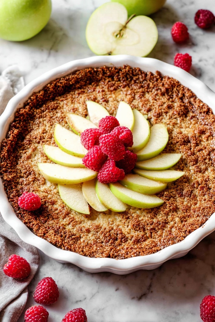 A round oat crust tart with a crumbly texture forms the base, golden brown in color. On top, there are thin slices of green apple arranged in a circular pattern in the center. Bright red raspberries are placed around the apple slices and scattered on the tart’s surface near the edges. The tart sits inside a white dish on a white marbled surface, with some green apple slices and raspberries nearby. Photo taken with an iphone --ar 2:3 --v 7
