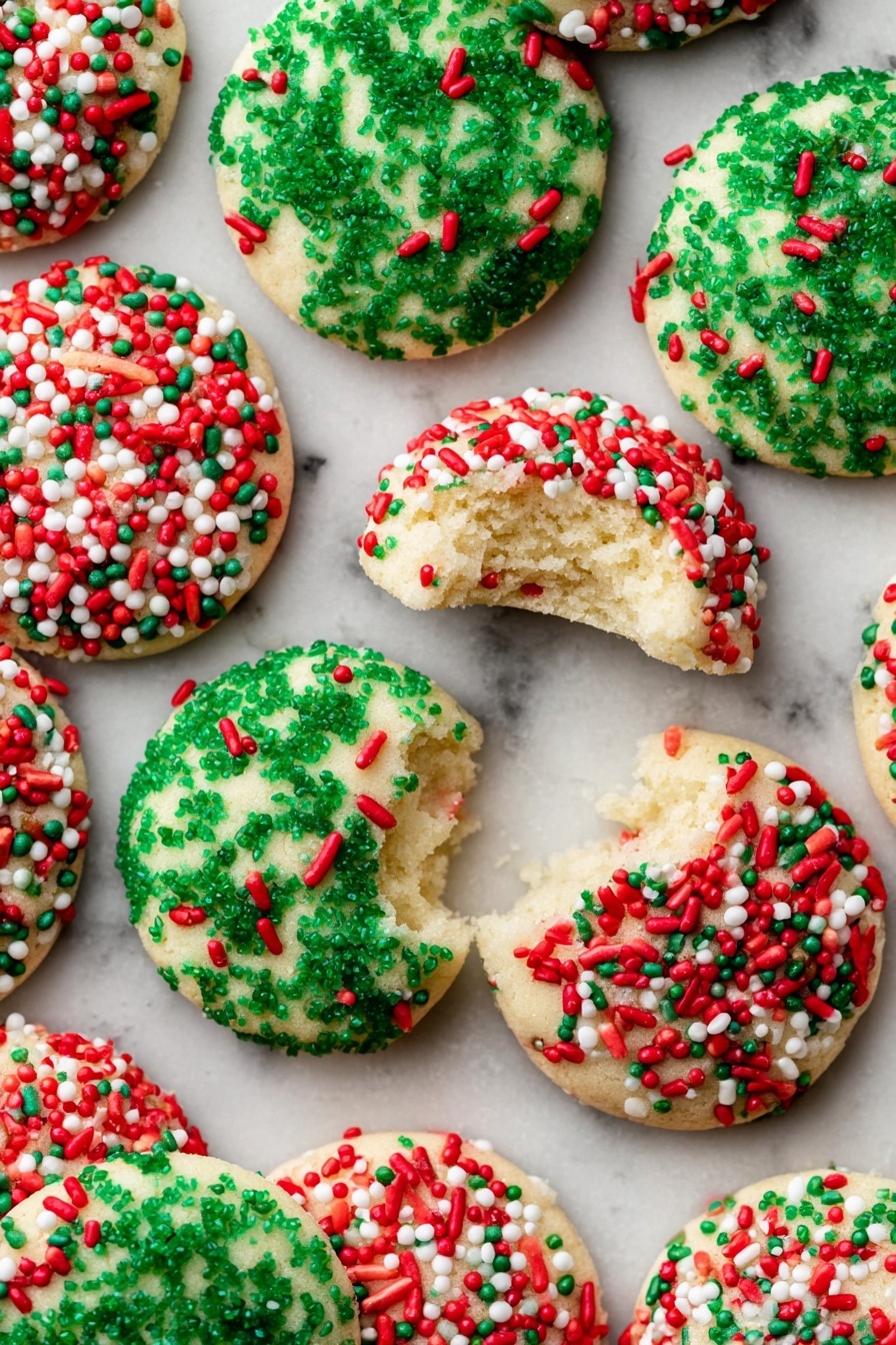 The image shows a close-up of round Christmas cookies on a white marbled surface, each covered with colorful sprinkles. There are several cookies with three main sprinkle patterns: one with red, green, and white small round sprinkles that look like confetti, another with green sugar crystals giving a coarse texture, and a third with longer red, green, and white sprinkles resembling little rods. Most cookies have a smooth, light golden base, and one cookie is broken in half, showing a soft, pale inside. Another cookie has a bite taken out of it, revealing its soft texture. The colors are bright festive red, green, and white. photo taken with an iphone --ar 2:3 --v 7