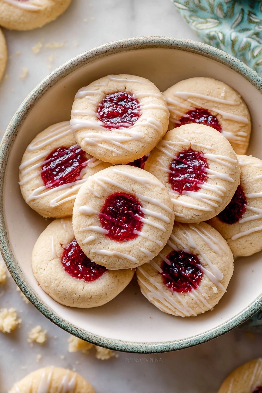 A white bowl holds nine round cookies with a light beige texture and a soft, slightly cracked surface. Each cookie has a circular red jam center, glossy and filled with small seeds, creating a strong contrast with the pale cookie dough. Thin white icing lines are drizzled diagonally across the top of each cookie, adding texture and shine. The bowl is set on a white marbled surface with a few crumbs around it, and parts of more cookies are visible on the edges. The overall look is warm and inviting, with soft natural light enhancing the colors and textures. photo taken with an iphone --ar 2:3 --v 7