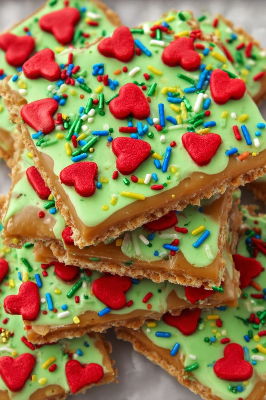 The image shows a tray with several broken pieces of a crispy snack that has three visible layers: the bottom layer is golden brown and crunchy, the middle layer is covered in smooth light green icing, and the top layer is decorated with a mix of small colorful sprinkles including green and blue rods, green dots, and bright red heart shapes scattered across the icing. The pieces are casually stacked and spread out on a metal tray over a white marbled surface, creating a bright and festive look. Photo taken with an iphone --ar 2:3 --v 7