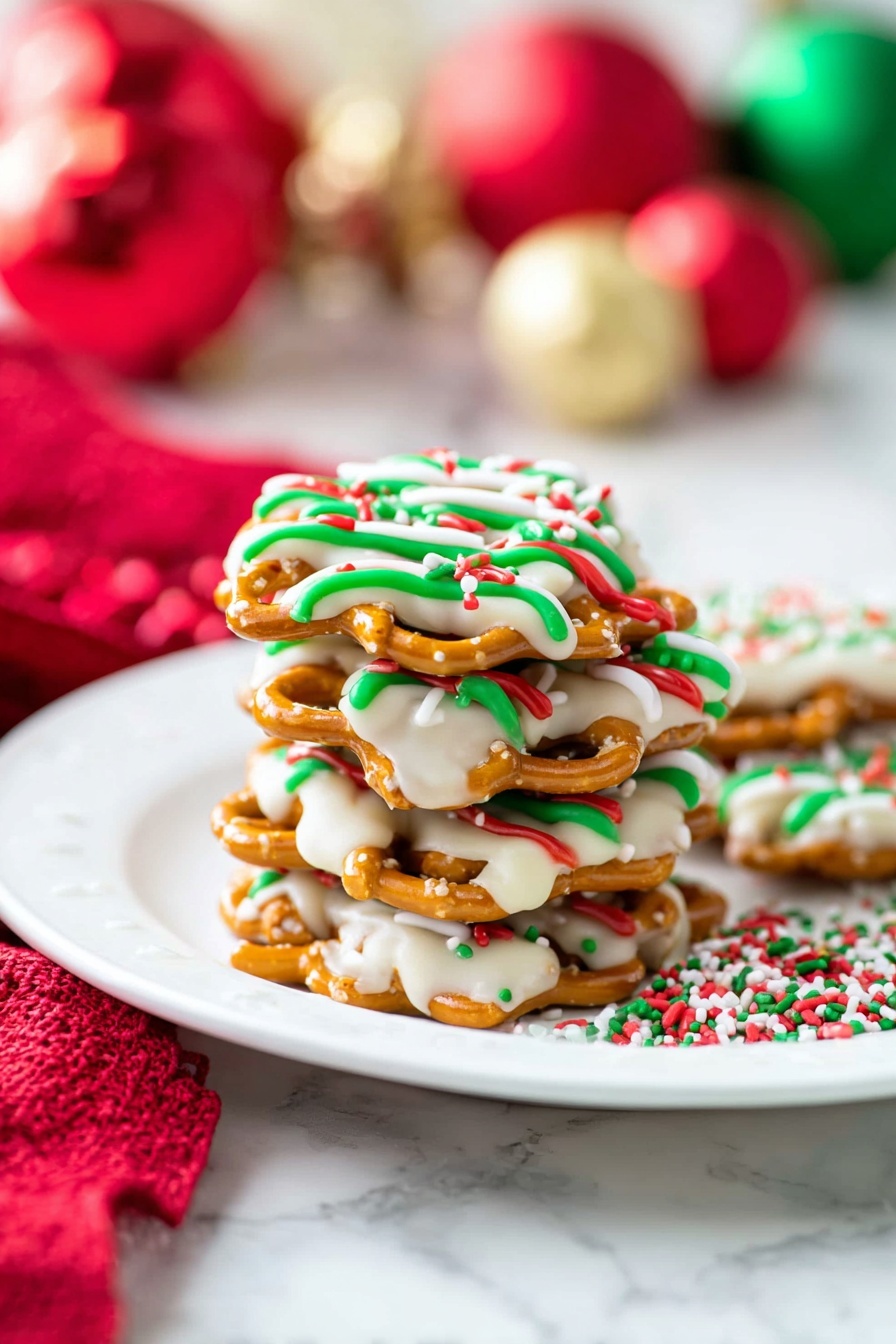 A white plate holds a small stack of round pretzels layered with melted white chocolate in between, each piece decorated on top with green, red, and white icing drizzles. Small round sprinkles in matching Christmas colors dot the icing, adding texture. The pretzels have a light golden brown color and a crisp texture. Some colorful sprinkles lay beside the stack on the plate. In the softly blurred background, red and green Christmas ornaments and a red cloth are visible on a white marbled surface. photo taken with an iphone --ar 2:3 --v 7