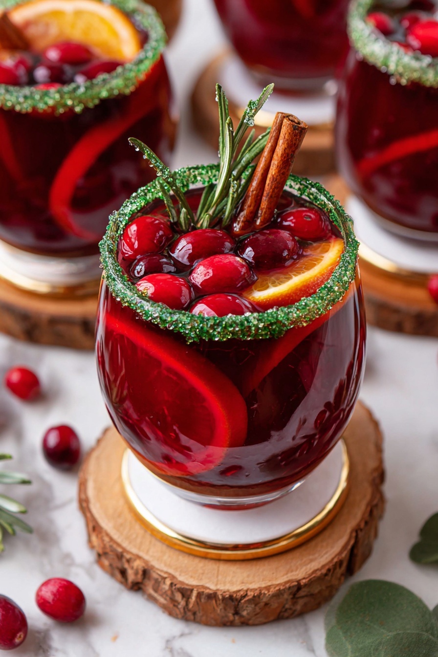 A clear round glass filled with deep red liquid with several red cranberries and thin orange slices floating inside; the glass rim is coated with green sugar crystals and topped with a cinnamon stick and a small sprig of green rosemary. The glass sits on a white coaster with a gold edge, which is placed on a round wooden board. In the background, parts of similar glasses with the same red drink and garnishes are visible, all set on a white marbled surface with scattered cranberries and green leaves nearby. photo taken with an iphone --ar 2:3 --v 7