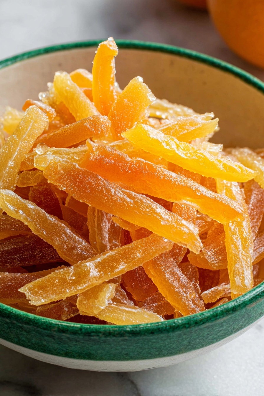 The image shows a white bowl with a green rim filled with many pieces of candied orange peel. The candied peel pieces are long and thin, covered in a sugary layer that gives a crystal-like texture. Their colors range from light yellow to deep orange, with some pieces slightly translucent. The bowl is on a white marbled surface, and the background is softly blurred, keeping the focus on the sweet orange peels. photo taken with an iphone --ar 2:3 --v 7