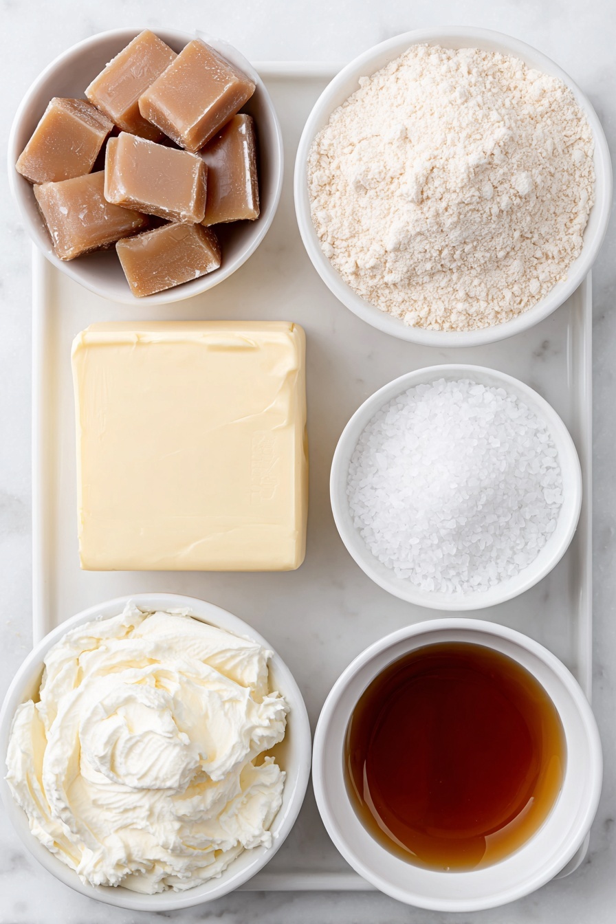 Flat lay of a small mound of unsalted butter with a soft creamy texture, a small white ceramic bowl filled with granulated sugar sparkling white and fine, a tiny white ceramic bowl holding glossy golden caramel candies unwrapped, another small white ceramic bowl with smooth heavy cream, a neat pile of all purpose flour forming a small soft heap, a small white ceramic bowl with rich deep brown roughly chopped milk chocolate chunks, a few delicate flakes of sea salt scattered artfully, a couple of tiny sheets of shimmering edible gold leaf on pristine white ceramic plates, a small white ceramic bowl containing pale golden vanilla extract, all arranged symmetrically and naturally spaced on a clean white marble surface, soft natural light, photo taken with an iPhone, professional food photography style, fresh ingredients, white ceramic bowls, no bottles, no duplicates, no utensils, no packaging --ar 2:3 --v 7 --p m7354615311229779997