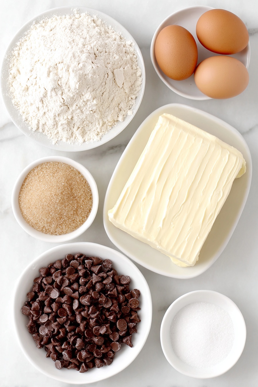 Flat lay of a small mound of fine all-purpose flour on a simple white ceramic plate, a small heap of packed light brown sugar on a white ceramic dish, a small pile of fine granulated white sugar on another white ceramic plate, a thick square slab of unsalted butter with a smooth surface on a white ceramic dish, two whole uncracked brown eggs, a small white ceramic bowl filled with pale creamy milk, a few sprigs of fresh vanilla beans arranged with vanilla pods, a small pinch of coarse sea salt crystals on a white ceramic plate, and a small white ceramic bowl heaped with miniature dark chocolate chips, all ingredients fresh and natural, arranged with perfect symmetry, placed on a clean white marble surface, soft natural light, photo taken with an iPhone, professional food photography style, fresh ingredients, white ceramic bowls, no bottles, no duplicates, no utensils, no packaging --ar 2:3 --v 7 --p m7354615311229779997