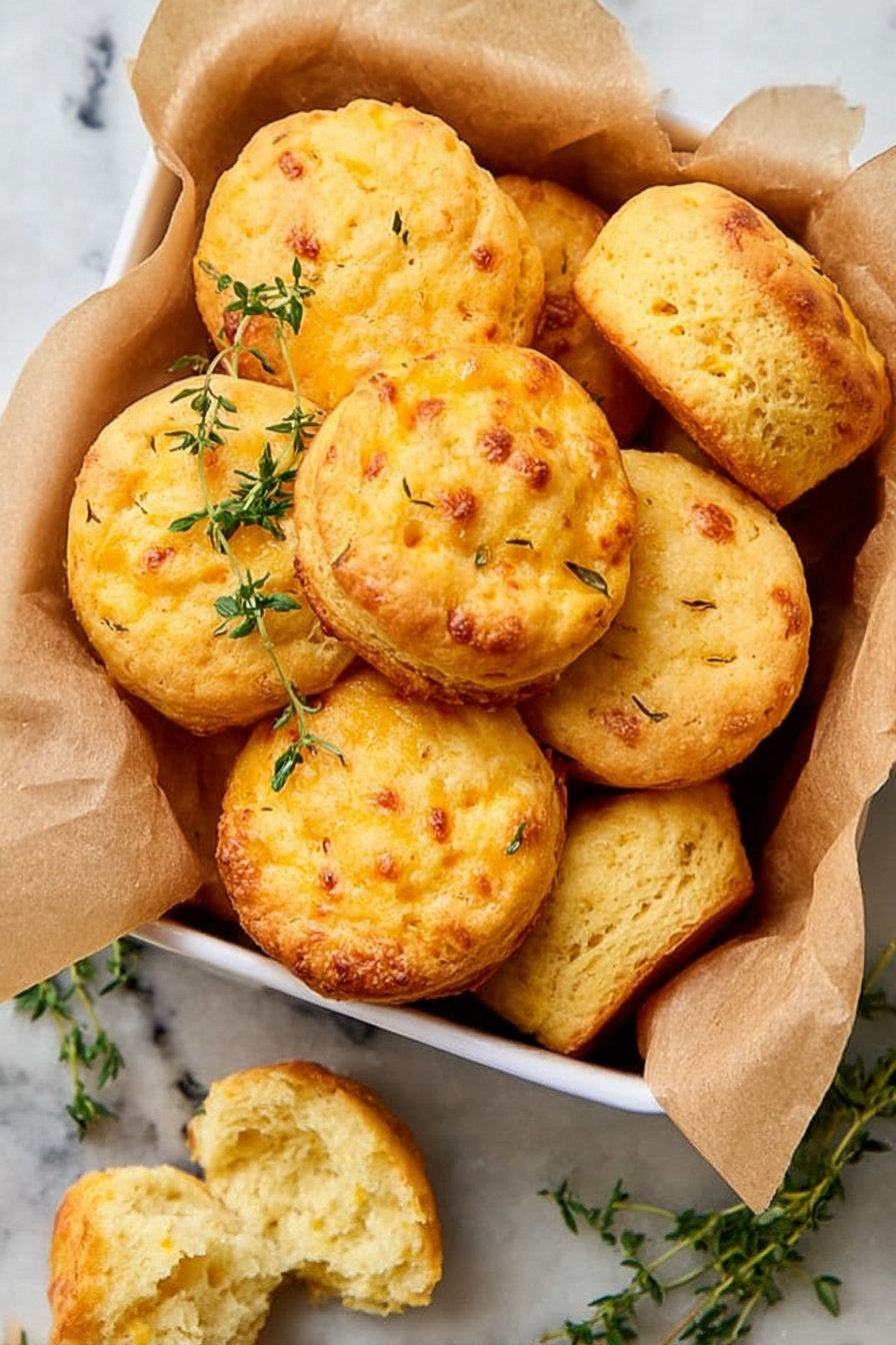 This image shows a group of round, golden muffins with a slightly crispy and textured top, piled into a white square dish lined with light brown parchment paper. The muffins have small uneven brown spots and look soft inside, with a few sprigs of fresh green thyme scattered on top for decoration. Around the dish, several muffins rest on a white marbled surface, one of which is broken in half to reveal a light, fluffy, and airy interior. The scene highlights warm orange and yellow tones from the muffins, contrasted by the fresh green herbs and the clean, cool white marble below. Photo taken with an iphone --ar 2:3 --v 7