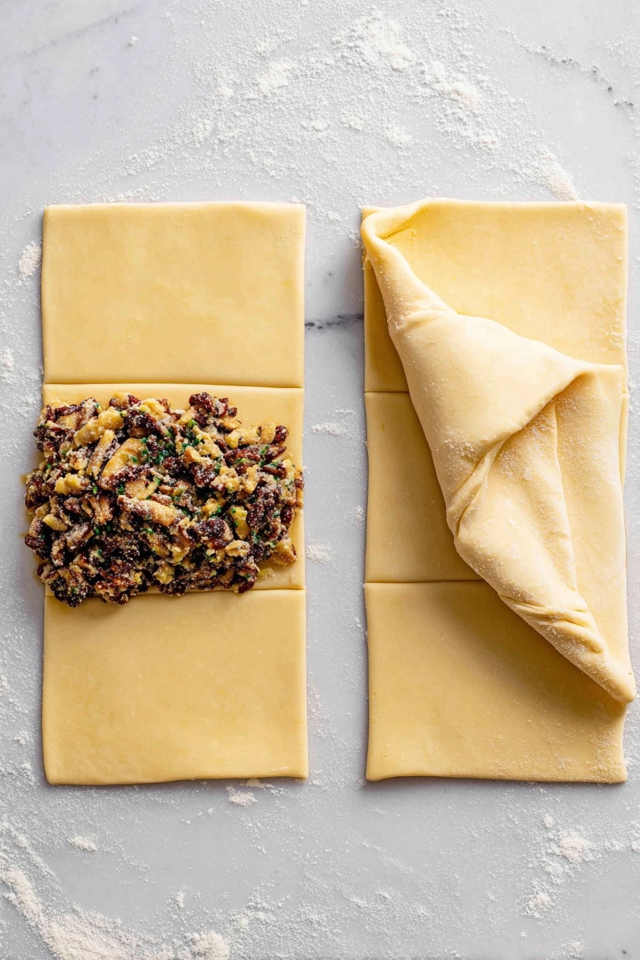 The dish shows a white speckled plate with a golden brown pastry cut into three pieces. Two pieces reveal a thick layer of light beige cooked meat surrounded by a layer of finely chopped dark mushrooms, all encased in a flaky, golden yellow crust. The third piece is a whole pastry with a shiny, smooth top sprinkled lightly with chopped green herbs. On the side is a small salad with crisp light green lettuce, thin slices of bright orange carrot, and strands of deep purple cabbage. There is a gold fork on the left side of the plate, and some green herbs scattered around the plate on a white marbled surface. photo taken with an iphone --ar 2:3 --v 7