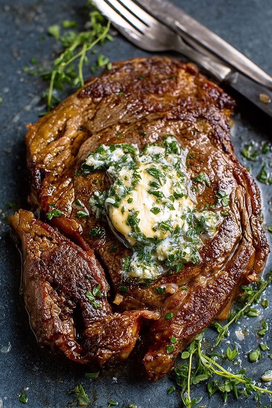 A single thick, cooked steak with a browned, slightly crispy texture, showing grill marks and some juicy parts. On top is a dollop of melting butter mixed with chopped green herbs sprinkled all over. The steak sits on a flat surface with dark color and a shiny finish. A large knife and fork rest above the steak. Some sprigs of herbs are scattered around. photo taken with an iphone --ar 2:3 --v 7