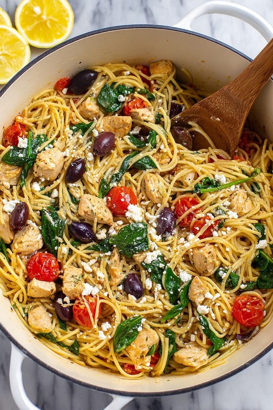 The image shows a large white pot filled with spaghetti pasta mixed with light brown cooked chicken chunks, dark purple olives, bright red cherry tomato halves, and fresh green spinach leaves. The spaghetti strands are soft and coated lightly with sauce. The chicken pieces are scattered evenly throughout the pasta, with the tomatoes providing bright spots of color. The spinach leaves are wilted but still green, while crumbled white cheese is sprinkled over the top. A wooden spoon rests inside the pot, partly covered with spaghetti. In the background, there are slices of lemon on a white marbled surface. photo taken with an iphone --ar 2:3 --v 7