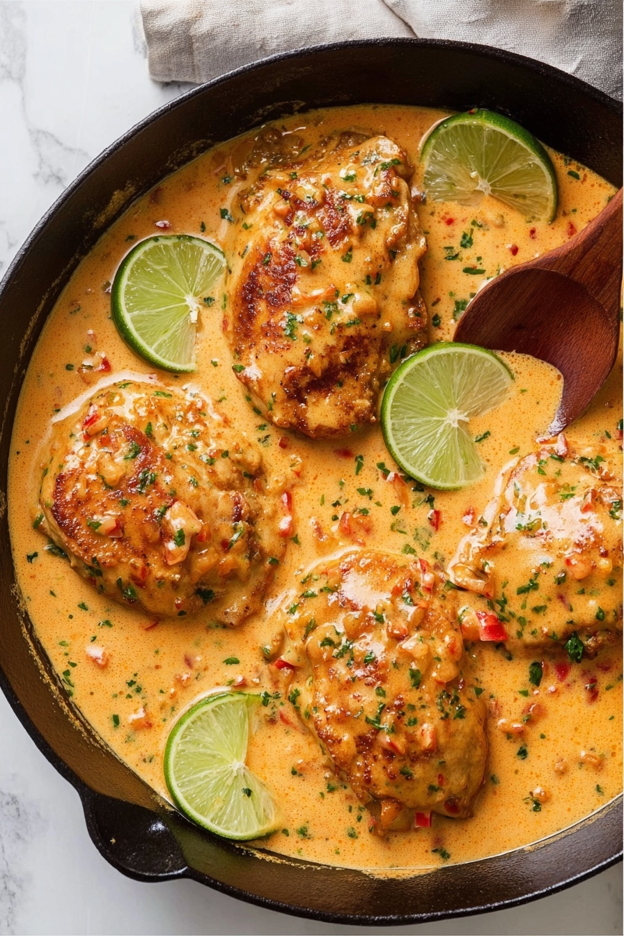 This image shows a black cast iron pan filled with three pieces of golden-brown cooked chicken, each partially covered in a thick, creamy orange sauce mixed with small bits of red and green herbs. The sauce has a smooth texture and surrounds the chicken pieces, with lime wedges placed evenly around the pan for decoration. A wooden spoon rests in the upper right corner of the pan. The pan sits on a white marbled surface. Photo taken with an iphone --ar 2:3 --v 7