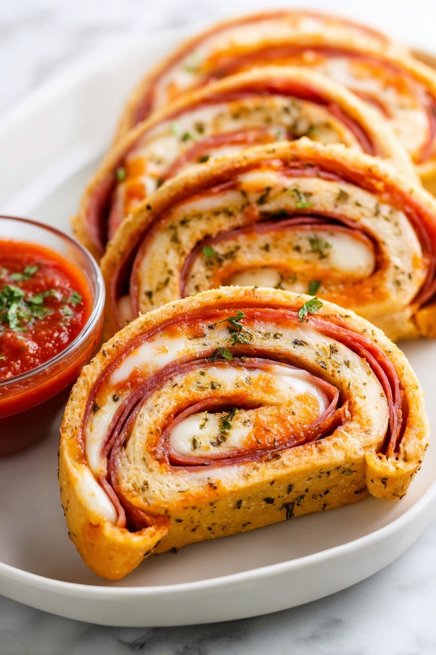 On a white plate with a white marbled surface, there are four thick slices of a rolled snack. Each slice shows multiple layers, starting with a golden-brown outer dough layer sprinkled with herbs. Inside, there are alternating swirls of dark red pepperoni, melted white cheese, and a smooth orange sauce. The layers coil tightly from the outside to the center. A small clear bowl of bright red marinara sauce with green herbs sits beside the slices. The image is bright and close up, showing the texture of the dough and the glossy melted cheese clearly. Photo taken with an iphone --ar 2:3 --v 7