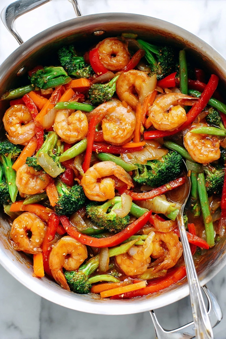 A shiny silver pot filled with a colorful shrimp stir-fry sits on a white marbled surface. The dish has several layers: bright orange shrimp with a slight shine from sauce scattered on top, green broccoli florets with a slightly rough texture, thin orange carrot sticks, long red bell pepper strips, and light green beans, all mixed together. There are also translucent pieces of cooked onion and the vegetables and shrimp are coated lightly in a glossy sauce. A woman's hand with a spoon is seen holding the pot handle on the right side. photo taken with an iphone --ar 2:3 --v 7