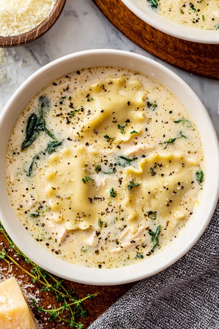 A white pot filled with creamy yellow soup that has small green and orange vegetable pieces floating in it, topped with broken wide, flat pasta pieces that have wavy edges, sprinkled with dried green herbs and black pepper. A wooden spoon is standing upright in the soup, resting against the side of the pot. The pot sits on a white marbled surface with some green herbs scattered around nearby. Photo taken with an iphone --ar 2:3 --v 7