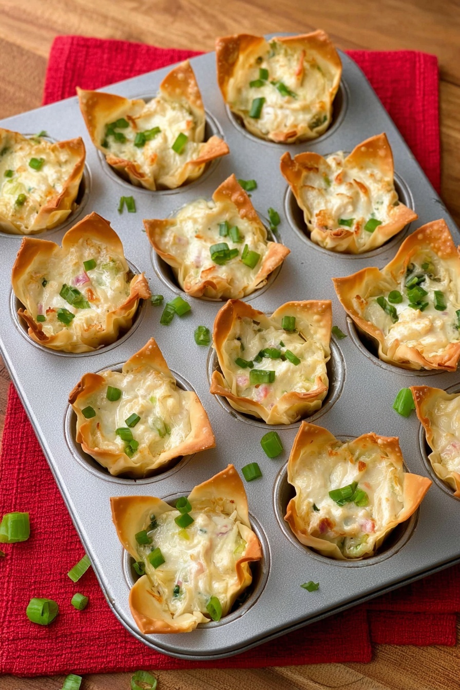 A metal muffin tray holds 12 crispy golden-brown wonton cups each filled with a creamy white mixture that has small bits of pink and green vegetables spread throughout, topped with chopped green onions. The wonton cups have a crinkled, light fried texture with some edges folding outward. The tray rests on a red textured cloth atop a wooden surface. Scattered green onion pieces add color both inside the cups and on the tray photo taken with an iphone --ar 2:3 --v 7