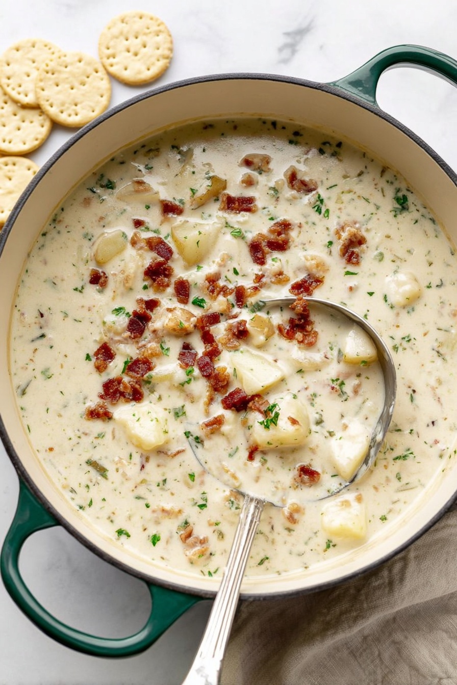 A large white pot with green handles is filled with thick, creamy white soup that has chunks of potatoes and small pieces of meat or bacon scattered on top. The soup has a slightly lumpy texture with visible bits of green herbs mixed in. Some brown crispy bacon pieces are sprinkled unevenly across the surface. A silver ladle rests in the pot, half-submerged in the soup, with its handle leaning against the side. The pot sits on a white marbled surface with a faint beige cloth partly underneath it. Small beige round crackers are placed near the top left corner of the image. photo taken with an iphone --ar 2:3 --v 7