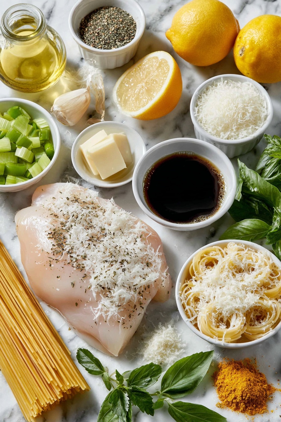 Flat lay of a small white ceramic bowl of golden olive oil, a whole boneless skinless chicken breast with a natural pale pink color, a lemon pepper seasoning mix in a white ceramic bowl, a small white ceramic bowl filled with clear pale yellow dry white wine, a small white ceramic bowl of creamy pale yellow butter, a fresh small yellow onion whole and uncut, a few fresh bright orange diced carrot pieces arranged neatly, two fresh green celery sticks diced, three whole fresh garlic cloves peeled, a large white ceramic bowl filled with clear golden chicken broth, one whole uncracked light brown chicken bouillon cube placed next to a small white ceramic bowl of dark amber soy sauce, one fresh whole lemon cut in half with visible juicy pulp, a small white ceramic bowl heaped with finely grated pale yellow Parmesan cheese, a wedge of pale ivory Parmesan rind, a neat bundle of uncooked delicate angel hair pasta nests, small heaps of dried green parsley, basil, and oregano herbs arranged symmetrically, a small mound of fine yellow mustard powder, and a pinch of bright yellow turmeric powder, all ingredients arranged in perfect symmetry on a clean white marble surface, soft natural light, photo taken with an iPhone, professional food photography style, fresh ingredients, white ceramic bowls, no bottles, no duplicates, no utensils, no packaging --ar 2:3 --v 7 --p m7354615311229779997