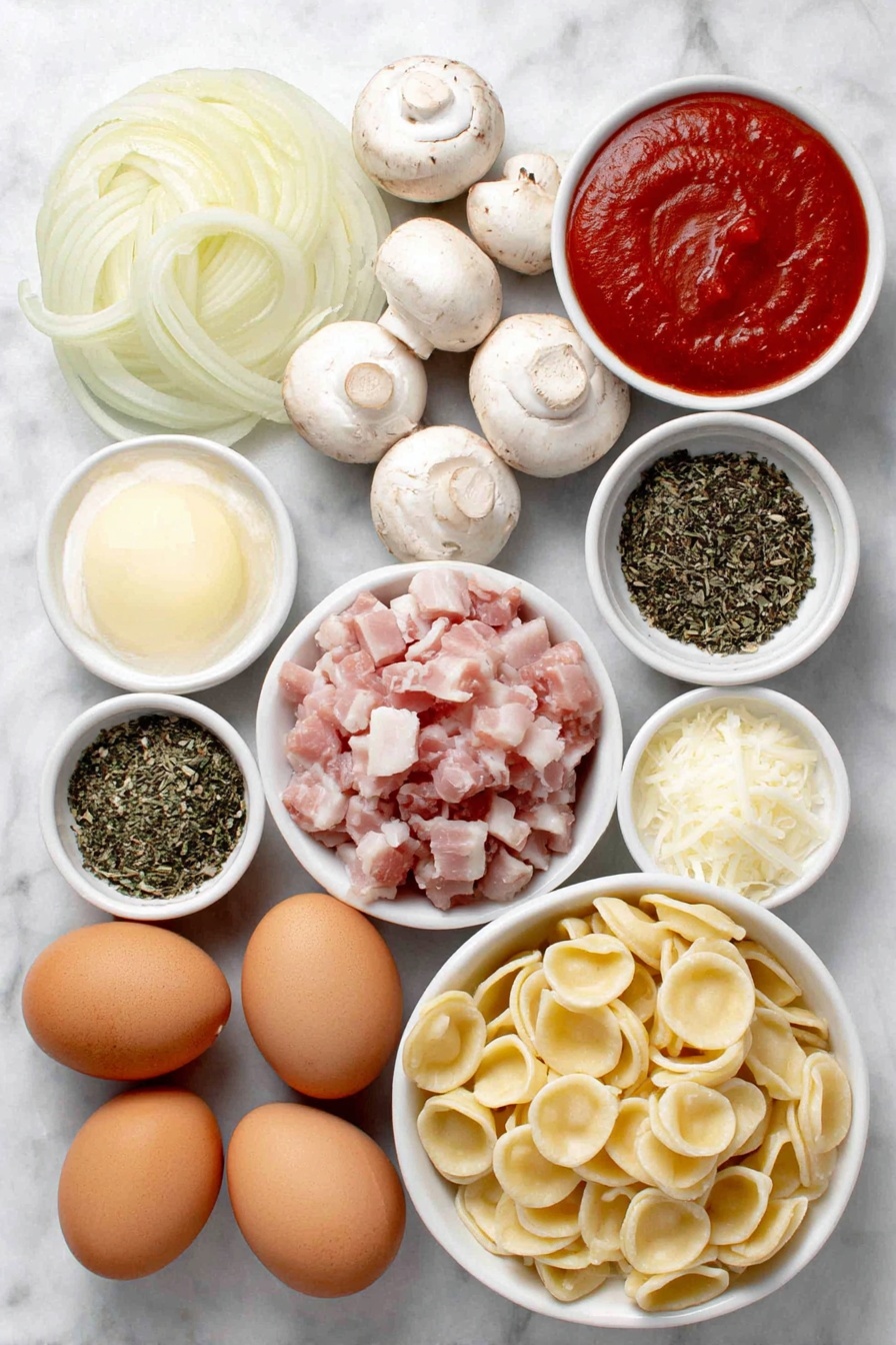 Flat lay of a small pile of fresh yellow onions sliced into thin strings, whole white button mushrooms with smooth caps, a neat mound of diced raw pancetta with pink and white marbling, a handful of uncooked orecchiette pasta with a smooth, round, ear-shaped form, a few whole brown eggs with clean shells, a small white ceramic bowl of pale golden olive oil, a small white ceramic bowl filled with bright red hot sauce, a small white ceramic bowl containing creamy half and half, a small white ceramic bowl with finely grated Parmesan cheese, a small white ceramic bowl of shredded Gruyere cheese, a small white ceramic bowl with smooth Dijon mustard, a small white ceramic bowl holding dried parsley flakes, a small white ceramic bowl with a mix of dried thyme and oregano, a small white ceramic bowl containing glossy butter cubes, a small white ceramic bowl with fresh minced garlic cloves, and a small white ceramic bowl filled with rich brown beef broth, all carefully arranged symmetrically with realistic proportions, placed on a clean white marble surface, soft natural light, photo taken with an iPhone, professional food photography style, fresh ingredients, white ceramic bowls, no bottles, no duplicates, no utensils, no packaging --ar 2:3 --v 7 --p m7354615311229779997