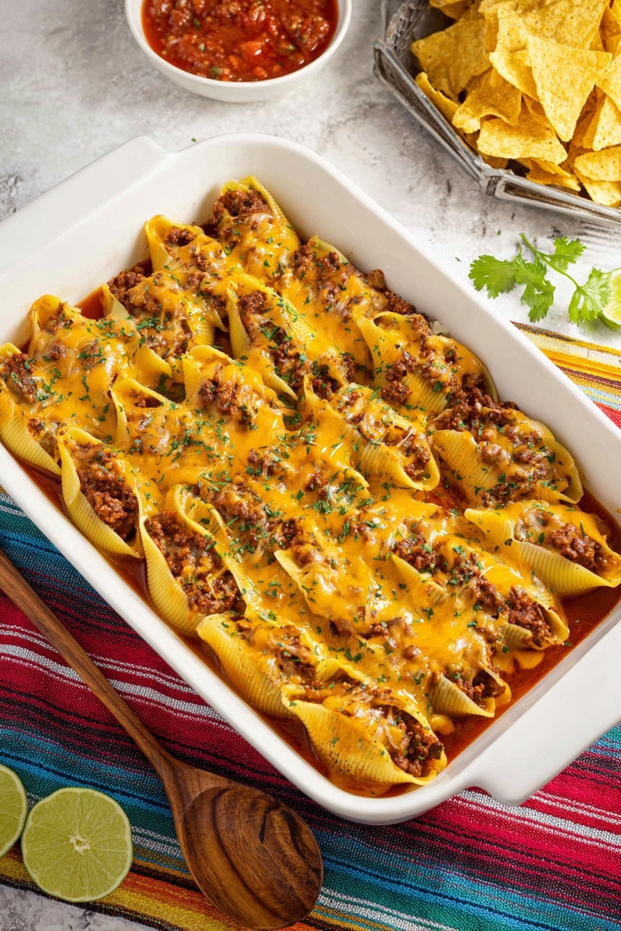 A white rectangular baking dish holds two layers of large pasta shells filled with a dark brown meat mixture and topped with melted orange cheese, sprinkled with green herbs. The shells are arranged in rows covering the dish evenly, with the cheese sauce visible underneath. The dish sits on a colorful striped cloth with red, blue, yellow, and green stripes on a white marbled surface. To the upper right, there is a metal tray filled with tortilla chips and a white bowl with red salsa, and two halves of a green lime along with some green herbs are placed near the baking dish. A wooden spoon lies in the front left corner. photo taken with an iphone --ar 2:3 --v 7