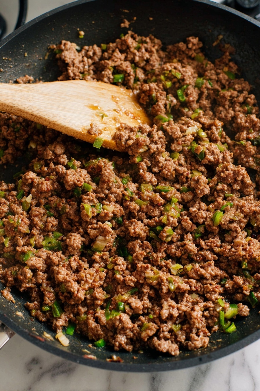 A close-up view of cooked ground meat mixed with small pieces of green onions and minced garlic in a black skillet. The meat is brown with a slightly shiny, moist texture and small chunks spread evenly across the pan. A wooden spatula is stirring the meat, showing its chunky and crumbly texture. The skillet is on a stove with a white marbled surface underneath. photo taken with an iphone --ar 2:3 --v 7