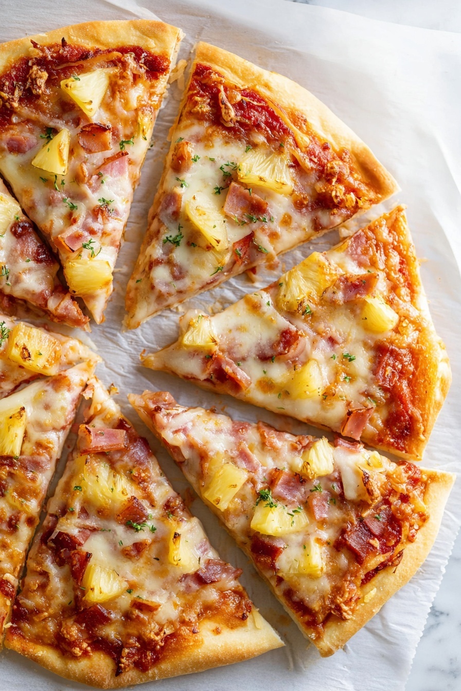 A pizza cut into five slices lays on white parchment paper over a white marbled surface. The crust is golden and thick, topped with a layer of red tomato sauce evenly spread beneath melted white cheese that looks smooth and slightly browned in spots. On top, there are chunks of light yellow pineapple and pieces of pink ham scattered across the pizza. Bits of green herbs are sprinkled over the slices, adding a fresh touch. The pizza has a warm, inviting look with a mix of soft, melted cheese and juicy toppings. photo taken with an iphone --ar 2:3 --v 7