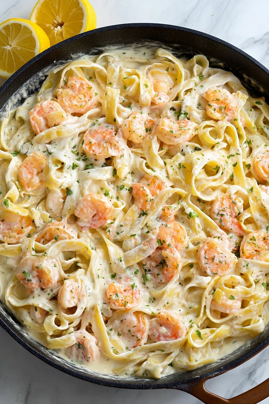 The image shows a black skillet filled with creamy white sauce pasta layered with light yellow fettuccine noodles and pink-orange shrimp mixed throughout. Small green parsley bits are sprinkled on top, adding a touch of color. The skillet is placed on a white marbled surface, and two lemon wedges rest beside it, adding a bright yellow contrast to the creamy dish. The rich, smooth sauce coats the noodles and shrimp evenly, making the dish look fresh and inviting. photo taken with an iphone --ar 2:3 --v 7