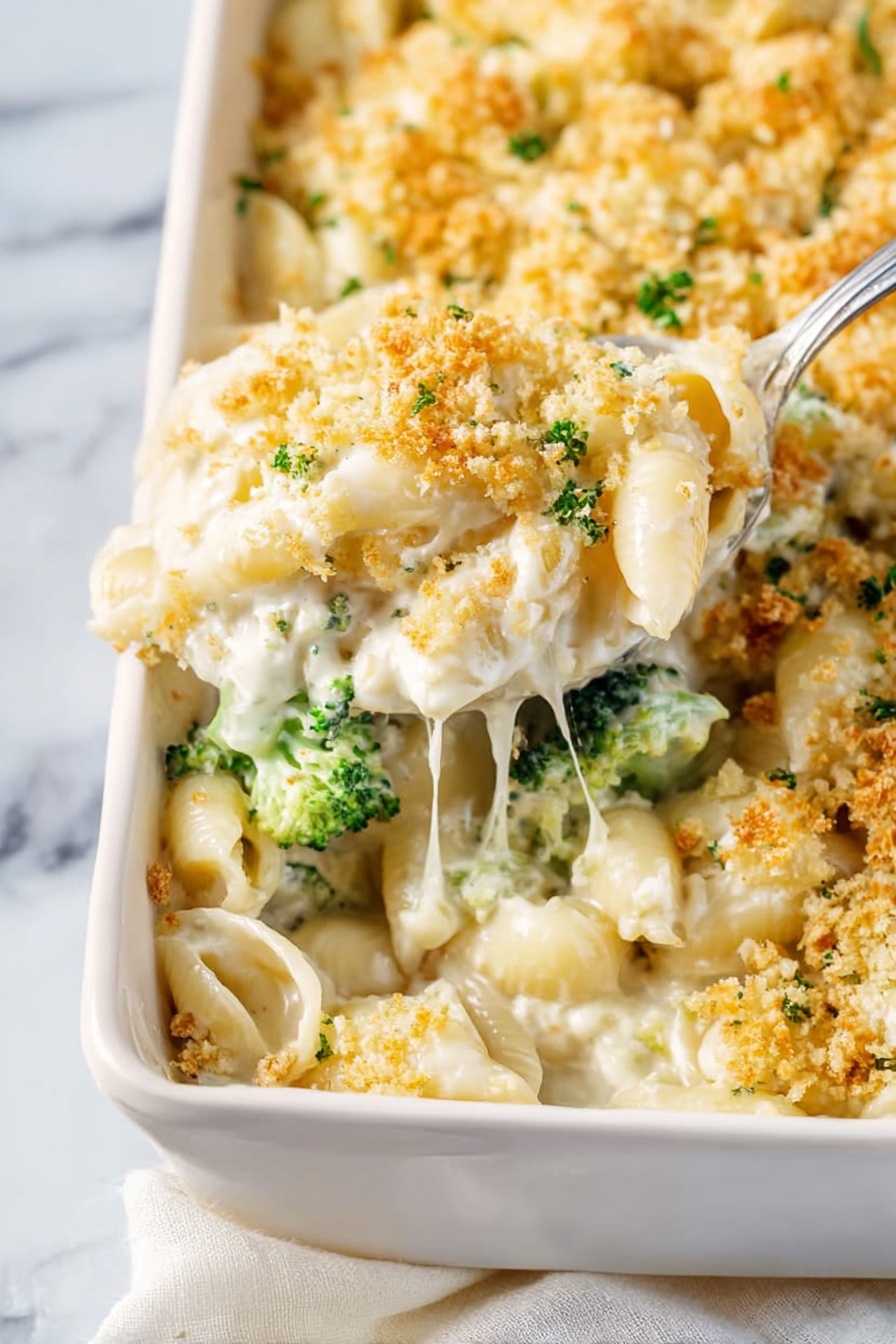 A white rectangular baking dish filled with a creamy pasta casserole topped with a golden crumb layer. The top layer is a light golden crumbly texture sprinkled with small green parsley bits. Below it is a thick, white cheese sauce that covers bowtie pasta and small bright green broccoli florets. A silver spoon lifts a portion, showing gooey white melted cheese stretching from the dish to the spoon, with visible pieces of broccoli and pasta underneath. The dish is set on a soft white cloth on a black marbled surface. Photo taken with an iphone --ar 2:3 --v 7