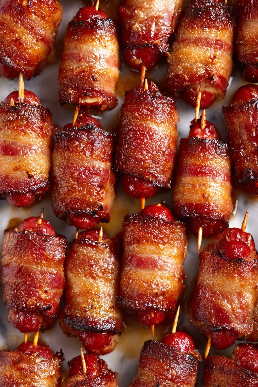 The image shows many small sausage bites wrapped tightly in cooked bacon, arranged closely together in neat rows. Each sausage is wrapped in a strip of bacon that is browned and crispy on the outside, with a slightly rough texture from the cooked meat. Toothpicks stick out from each piece, holding the bacon in place. The sausages inside are red and shiny, contrasting with the golden-brown bacon. A glistening layer of oil coats the bites, making them look shiny and juicy. The background is a white marbled texture. photo taken with an iphone --ar 2:3 --v 7