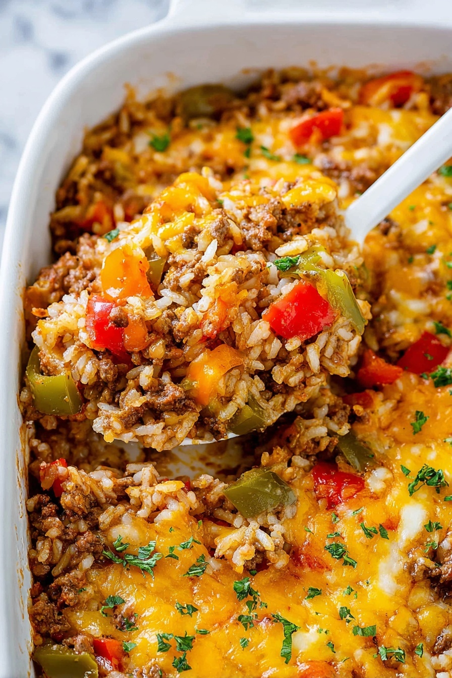 The image shows a close-up of a white casserole dish filled with a mixed dish made of cooked ground meat, white rice, and chopped colorful bell peppers in red, green, yellow, and orange. The dish is sprinkled with melted yellow cheese and bits of fresh green herbs on top. A white spoon scoops part of the mixture, showing the layers of minced meat, rice, and chunky bell pepper pieces. The background features a white marbled surface. Photo taken with an iphone --ar 2:3 --v 7