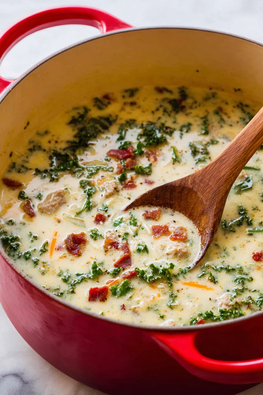A large red pot filled with a creamy soup that has several ingredients mixed in. The soup base is pale yellow and smooth, with visible chunks of cooked meat, bright green leafy kale, small pieces of orange shredded carrot, and bits of crispy bacon scattered throughout. A wooden spoon is partially dipped into the soup, showing some of the ingredients resting on it. The pot is sitting on a white marbled surface. Photo taken with an iphone --ar 2:3 --v 7