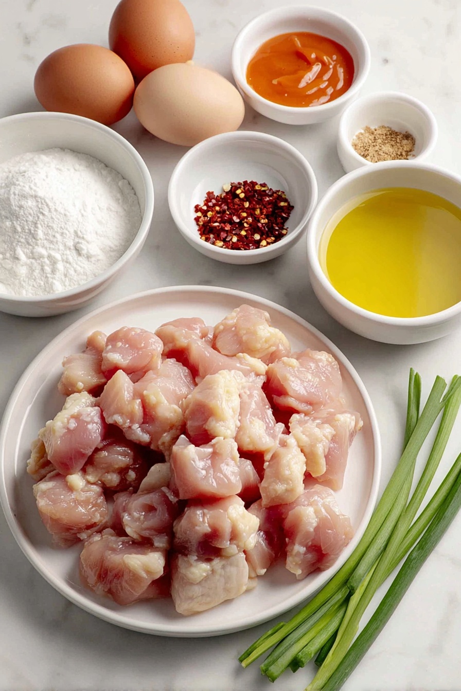 Flat lay of fresh boneless skinless chicken breasts cut into bite-sized pieces on a simple white ceramic plate, a small white bowl of cornstarch, two whole uncracked brown eggs, a small white bowl of bright orange buffalo hot sauce, a small white bowl of packed brown sugar, a small white bowl of clear rice vinegar, a small white bowl with red pepper flakes, a few fresh green onion sprigs sliced and arranged on a white ceramic dish, a small white bowl filled with golden vegetable oil, all placed on a clean white marble surface, soft natural light, photo taken with an iPhone, professional food photography style, fresh ingredients, white ceramic bowls, no bottles, no duplicates, no utensils, no packaging --ar 2:3 --v 7 --p m7354615311229779997