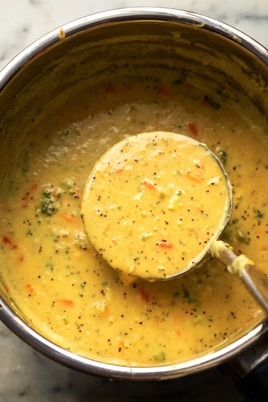This image shows a big pot filled with thick, creamy yellow soup with small black seeds and bits of orange and green herbs spread evenly throughout. A metal ladle is lifting some of the soup, showing its smooth yet chunky texture with visible small pieces of vegetables mixed in. The inside of the pot is shiny and metallic, with the creamy soup coating its sides. The overall look is warm and hearty, with the soup appearing rich and well-blended on a white marbled surface. photo taken with an iphone --ar 2:3 --v 7