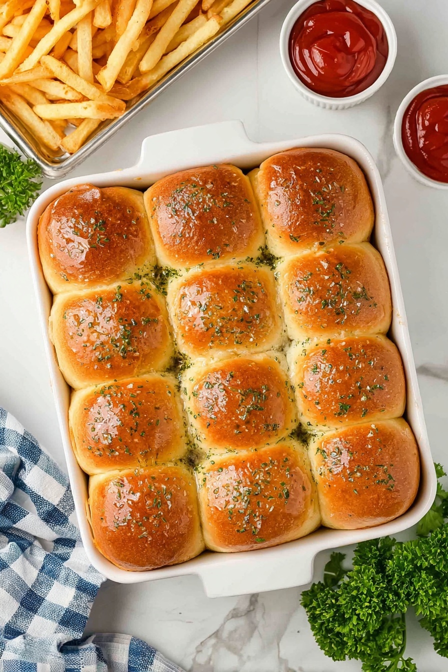 A white baking dish holds a grid of twelve golden-brown slider buns, each topped with small flecks of green herbs and a shiny glaze, arranged in a neat 3 by 4 pattern. The buns have a soft, slightly textured surface and are slightly puffed, touching each other closely. Around the dish on a white marbled surface, there is a tray of golden French fries at the top left, two small white bowls filled with smooth bright red ketchup at the top right, a few sprigs of fresh green parsley scattered nearby, a wooden serving board at the bottom left, and a couple of silver forks resting on a white plate at the bottom right. A white and blue checkered napkin is partly visible near the bottom left corner. The photo taken with an iphone --ar 2:3 --v 7