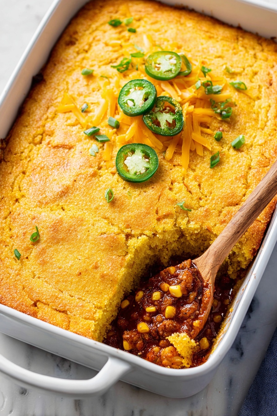A white rectangular baking dish filled with a thick golden-yellow cornbread layer with a slightly cracked surface and browned edges. A spoon scoops out a portion from the center, revealing a rich, chunky red chili layer underneath with visible corn kernels and beans. On the top left, shredded bright orange cheddar cheese and slices of fresh green jalapeño rest on the cornbread. Small bits of chopped green chives are scattered across the top. The dish sits on a white marbled surface, and a woman's hand holds a wooden spoon inside the dish photo taken with an iphone --ar 2:3 --v 7